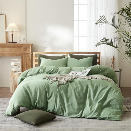 AMWAN Sage Green påslakan full storlek bäddset – mjukt 100% tvättat bomull, enfärgad 3-delat täckskydd med 2 örngott, boho ljusgrön