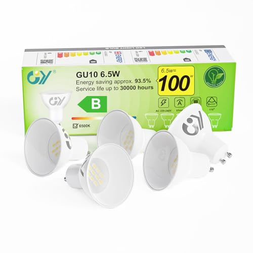 GY Bombilla LED GU10 6.5W (Eq. 100W) 1025LM 6500K Blanco Frío, No Regulable, 110 Grados Ángulo de haz - Bombillas GU10 LED Pack de 5