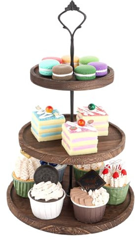 YAYODS Runder Tortenständer aus Holz, 3 Etagen, schwarz, 38 cm hoch, perfekt für Geburtstage, Hochzeiten oder Nachmittage, leicht zu reinigen und aufzubewahren