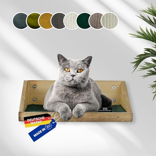 Rohrschneider Kletterwand Katzen (alle Katzengrößen) | Made in EU | Katzentreppe kombinierbar | aus Echtholz Kiefernholz | belastbar bis 30 kg | geflammt (waschbare Stoffeinlage Cord, grün)