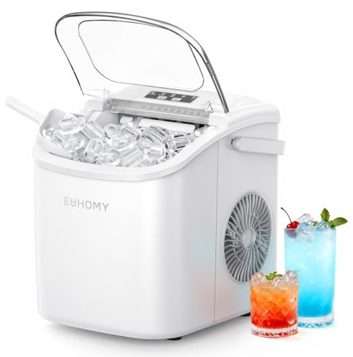 EUHOMY Macchina del Ghiaccio 12kg/24h, Autopulente Macchina per il Ghiaccio Casa, 9 Cubetti in 6 Minuti, 2 Dimensioni di Ghiaccio, Silenzioso, Ice Maker con Maniglia/Paletta/Cestello, Bianco