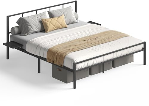 VASAGLE Doppelbettgestell, Bett, 160 x 200 cm, Metallbett, Bettrahmen, mit Kopfteil, modern, mit Aufbewahrungsregalen, Gästebett, für Teenager, Mattschwarz RMB195B01