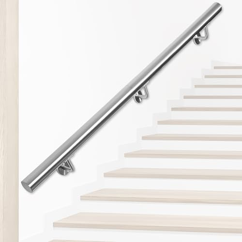 OUUTMEE Stainless Steel Handrail for Stairs – 200CM/6.6FT Wall-Mounted Stair Railing with Brackets, Indoor/Outdoor Handrail for Loft, Porch, Garage & Deck