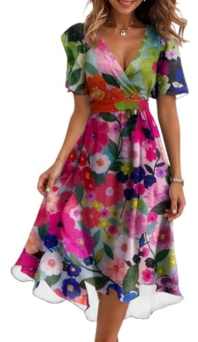 Vestidos De Fiesta Mujer Elegantes Boho Vestidos Verano Mujer 2025 Elegante Manga Corta Coctel Ceremonia Ropa Fiesta Tallas Grandes Playero Dresses for Women(Rosa Fuerte,XXL)