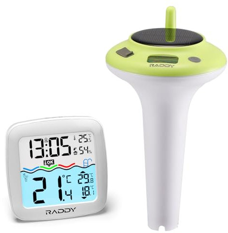 Raddy PT-5 TN Thermomètre de piscine sans fil, flottant, étanche IPX8, fonctionnement solaire et batterie, thermomètre numérique avec température intérieure/extérieure et humidité pour piscine