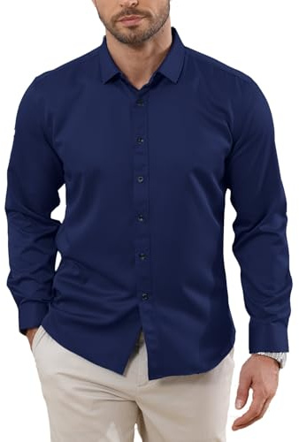 Halfword Camisas Formal Hombre Manga Larga Negocios Botones Elegantes Vestir Casual Boda Regular Fit Azul-Oscuro L