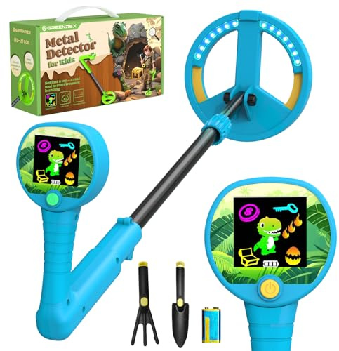 Greenrex Detector de metales para niños de 3 a 12 años, pantalla LCD HD de 6 cm, señales de sonido y luz, altura ajustable, 59 – 82 cm, precisión de 10 cm, peso de 470 g, kit educativo para exteriores