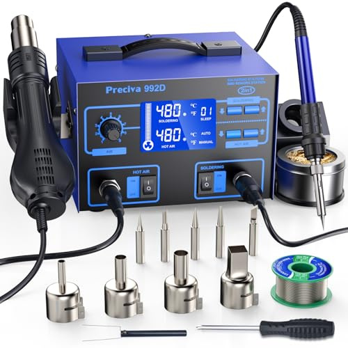 Preciva 992D Soldering Iron Kit, 690W Hot Air Gun & 60W Soldering Station, PID Temperature Control, Large LCD Display, Auto-Sleep Mode， for SMD, QFP, BGA Repair