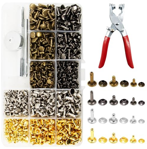KASURE 480 Stück Leder Nieten Set 12 mm 8 mm 6 mm mit roter Nietenzange, Hohlnieten und Studs, komplettes Nietenzange Set für DIY Lederhandwerk, Kleidung, Gürtel und Leder Reparatur