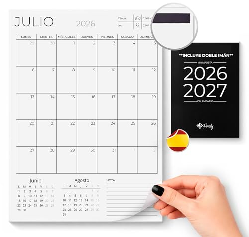 Finoly Vertikal Magnetisk Kylskåpskalender Januari 2026 till Juni 2027 (18 Månader) på Spanska | Magnetisk Kylskåpskalender 2026 | Magnetisk Almanacka med Inkluderad Magnet