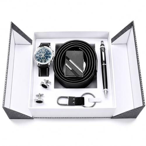 Zodazoqa Coffret cadeau pour la fête des pères pour homme comprenant une montre, une ceinture, un porte-clés, un stylo et des boutons de manchette - Noir