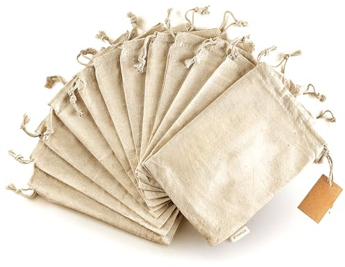 Leafico Sacchetti in Cotone Riutilizzabili Small 13x18 cm per Frutta Secca, Semi, Noci, Snack, Aglio, Cosmetici – Buste Multiuso Lavabili e Naturali per Casa e Spesa Sfusa – Confezione da 12 Pezzi
