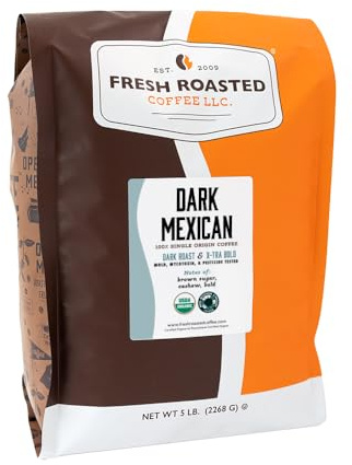 Fresh Roasted Coffee, Organic Dark Mexican | Mold & Myco 3rd Party Tested, USDA Organic, Kosher | Dark Roast 5 lb (80 oz) Whole Bean