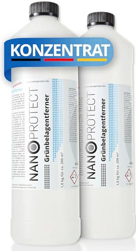 Nanoprotect Grünbelagentferner Konzentrat | 2 x 1 kg für 400 m² | Algenentferner und Flächendesinfektion | Kein Hochdruckreiniger nötig | Ideal für Pflastersteine und Gehwege