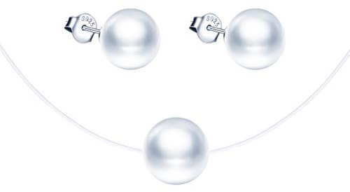 Yumilok Ensemble de bijoux collier et boucles d'oreilles en perles, Collier pendentif et boucle d'oreilles en argent 925 pour femme fille, collier ras du cou clavicule en ligne de pêche, blanche