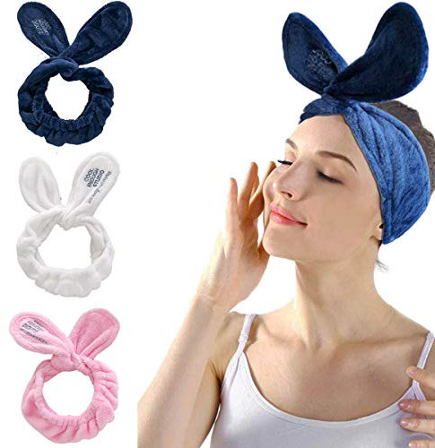 IYOU Bandeau Spa Oreilles de lapin Maquillage Bandeau Cheveux Femme Corail Polaire Bandeau pour Lavage Visage Serviette Sport Bain Douche