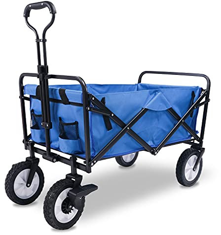 EUOSEN Chariot de Jardin Pliable, Chariot de Transport Pliable, Chariot à Main de Jardin, avec Manche Télescopique, Roues 360°, avec Frein, Max 90 kg, Bleu
