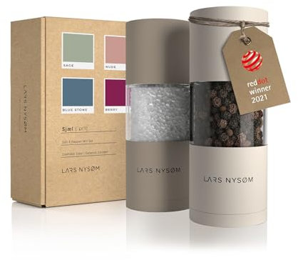 LARS NYSØM Set di macine per sale e pepe in acciaio inossidabile con macinino in ceramica regolabile 2 pezzi I Designer Spice Mill Set (Brown/Beige)
