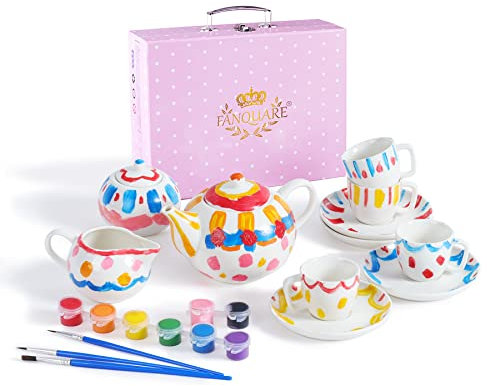fanquare 12-teilig Porzellan Teeservice für Erwachsene, Kinder, Weiß Tee Party Set mit Koffer, Bemale Keramik Kaffeeservice Set