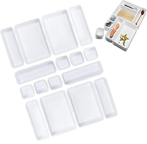 16 PCS Desk Drawer Organiser Tidy Dividers, 3-Size Plastic Tray (White) | Makeup Drawers Storage Container Separators for Kitchen Bathroom Office Stationery