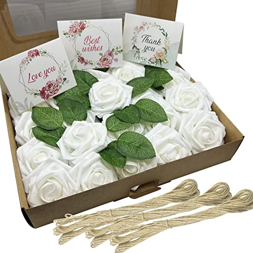 Cayway Flores Rosas Artificiales Espuma Rosa Falsa para Manualidades, Blanco Rosas Artificiales con Tallo con Tallos con Tarjetas de Felicitación para Bodas, Fiestas, Hogar