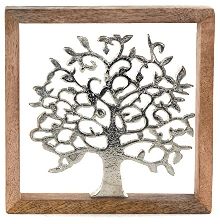 DESIGN DELIGHTS WANDBILD Lebensbaum | 20 cm, Metall, Mangoholz | Baum des Lebens Wanddeko, Metallbild mit Holzrahmen