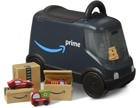 Radio Flyer Amazon Delivery Van, For Ages 2+, Ride and Deliver Truck for Kids, Under Seat Storage, Stationary Handle, Ergonomic Seat, Includes 3 Mini Amazon Boxes & 3 Wooden Toys, Toddler Ride On Toys