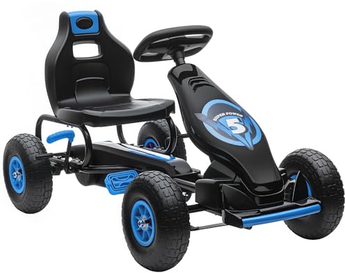 HOMCOM Kart à pédales pour Enfant Go-Kart véhicule à pédale siège réglable 3 Positions Frein à Main pneus antidérapant Enfant de 5 à 12 Ans métal + PP Bleu Noir