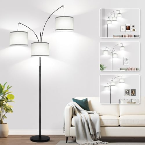 Dimmable Floor Lamp, 3 Lights Black Arc Floor Lamp, Modern Tall Standing Tree Lamp with Grey Linen Shades & Heavy Base, 3000LM LED Bulbs, Bright Lighting for Living Room, Bedroom, Office & Reading