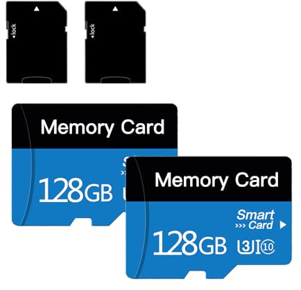Lot de 2 Micro Carte Mémoire 128 Go avec SD Adaptateur, C10 UHS-I A1 U3, Carte Mémoire TF pour Smartphone/Tablet/Drone/Camera (Blue 128GB*2)