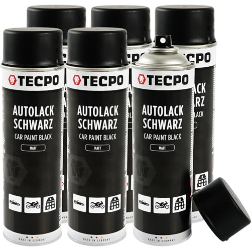 TECPO Lackspray schwarz matt, 6x500ml Autolack Rallyschwarz Sprühlack Farbspray mit hoher Deckkraft für Innen- und Außenbereich