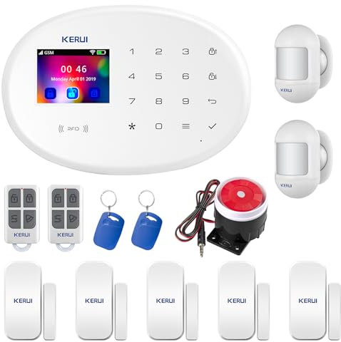 KERUI Sistema Inalámbrico de Alarma para el Hogar, Sistema Completo de Alarma para Casa Antirrobo gsm con Sirena de Alarma de 110 dB, Control Remoto, Pantalla LCD, Invitación por Voz, Hogar 4G
