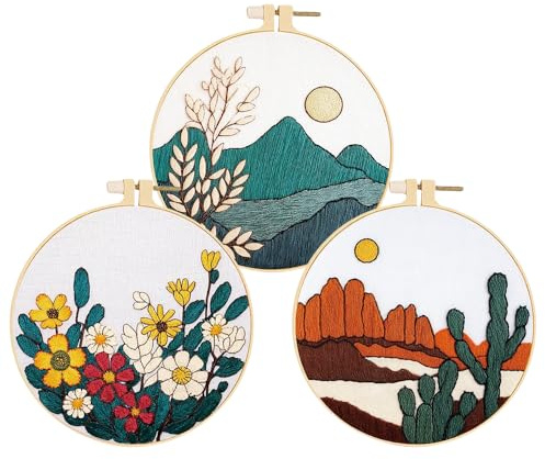 Huacan Kit de Broderie pour Adultes Débutant 3 Pièces Fleurs Pré - Imprimé Paysage Embroidery Starter Kits D'aiguilles de Fils de Couleur 29 x 29 cm