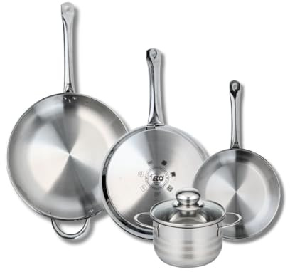 ELO 9884750 Batterie de cuisine 4 pièces, Ensemble de 3 Poêles de cuisson 24, 28 et 32 cm et 1 faitout 16 cm Elo Profi Brillant, inox, induction, Gris Argent