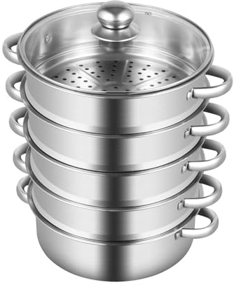 BAOCHADA 5 lager mantowarka induktion ångkokare rostfritt stål mild grill grönsaker potatispjäll ångstaplingsbart rostfritt stål med glaslock lämplig för kök alla typer av spisar (26 cm)
