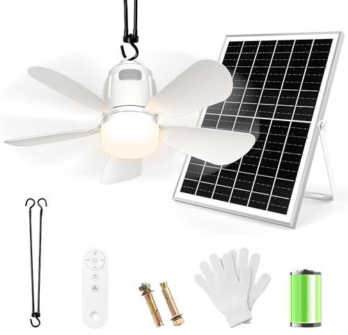 Gliztech Ventilateur Solaire avec Lumière, Lampe Ventilateur Plafond de Pavillon, Panneau Solaire et Télécommande, Adapté pour Terrasse, Parasol, Atelier, Gazebo, Toile de Camping, Terrasse.