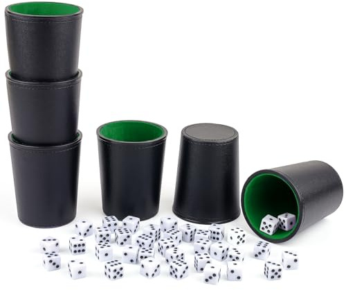 RERIVER Felt-Lined PU Leather Dice Cup Set, 6 Quiet Dice Shaker Cups with 36 Dices for Bar Party Yahtzee Farkle Dice Games, Black and Green