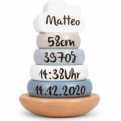 Mainely Personalizzabile Torre impilabile in Legno Blu – Sviluppa la motricità fine e la coordinazione – per Bambini da 12 Mesi – con Nome e Dati di Nascita – Label Label