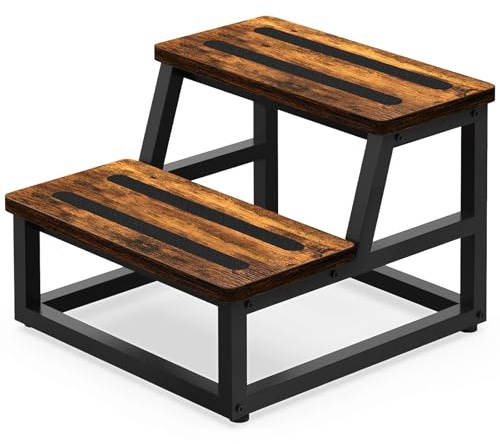 Step Stool, NomNest 2 Step Wooden Ladder Metal Foot Stool Wide Kitchen Stool Helper for Toddler Adults Seniors, Ladder Chair for Home Bedside Bathroom Sink Potty