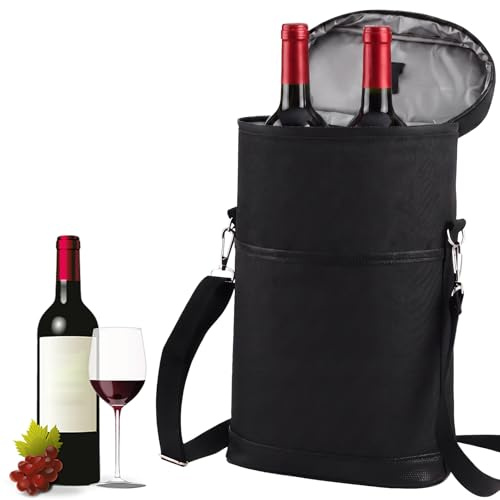 BlyeMichdi Isolerad vinkylare väska, utomhustransport dryckespåsar med handtag och justerbar rem, champagnevinflaska för picknick, camping, Tjockare svart, för 2 flaskor, 13,5 x 4,5 x 8,5 pulgadas
