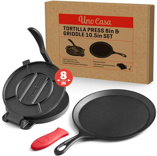 Uno Casa Cast Iron Tortilla Press 8 Inch - Bundle of Skillet for Roti / Comal Pan, Tawa / Dosa Pan Pataconera, Comales para Tortillas