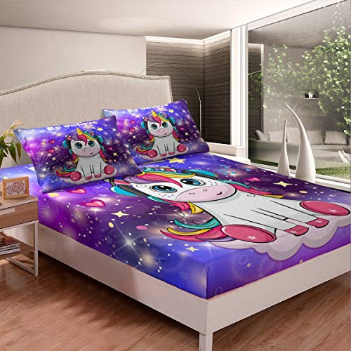 Tbrand Kinder Bettlaken Set Niedliches Einhorn Spannbettlaken 90x200cm Teen Spannbetttuch Schönes Karikatur Einhorn Mit Musik Kopfhörer Gedrucktes Design rutschfeste Galaxis Stars Lila