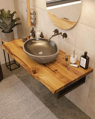 BestLoft Waschtischplatte Holz (Länge: 85 cm/Breite: 50-55 cm) Waschtisch Holz Eichenbrett Massiv 40 mm dick Tischplatte Baumkante Waschplätze rustikale Waschtischkonsole Massivholzplatte