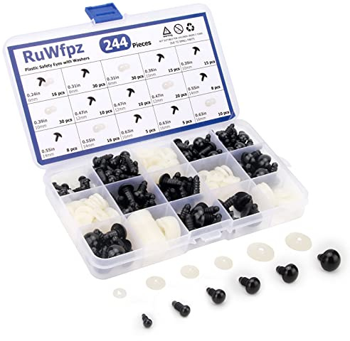 RuWfpz Yeux de Securite Amigurumi Crochet 6-16mm - 6 Tailles Yeux de Sécurité Poupée en Plastique Noir, Oeil Yeux pour Peluche Amigurumi, 244pcs Bouton Yeux a Coudre Animaux