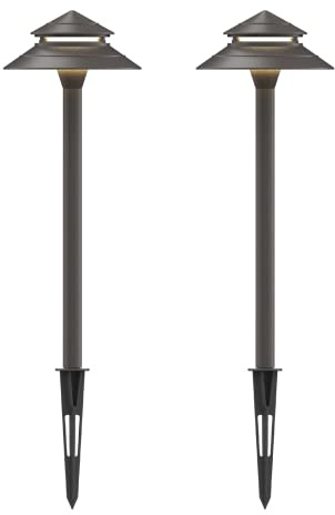 GOODSMANN Pathway Lights 3W LED 2PK Outdoor Low Voltage Landscape Lighting 180 Lumen Hardwired 2 Tier Pagoda Path Lights 3000K Warm White Metal 12V Electric Sidewalk Walkway Light with Connectors