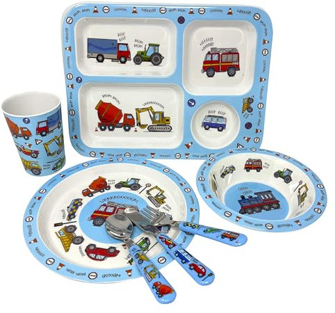 Vehicle Dinner Set 5 Piece Kids Dinner Set Tableware Lunch Reusable Plate Cutlery Bowl Tumbler Cup Tray Lightweight Premium Dinnerware Set HTUK®