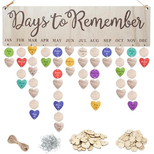 LIUCONGBD Birthday Calendar Reminder, Wooden Wall Hanging with 100 Tags