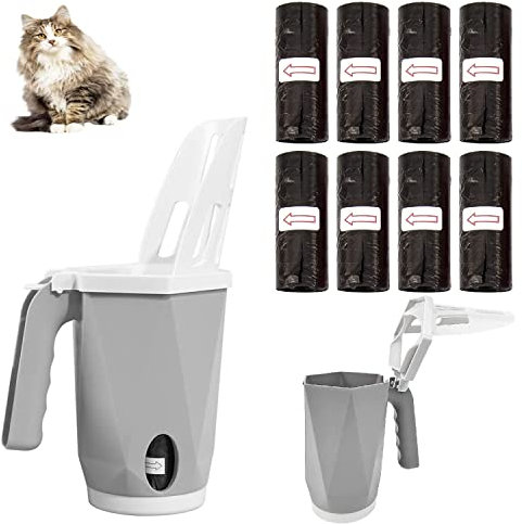 Katzenstreuschaufel 2 in 1, Katzenstreu Schaufel mit Abfallbehälter, Katzenklo Schaufel mit Halter, Premium Kunststoff Katzenstreuschaufel, mit 8 Rollen Abfallsäcken, für die Katzenstreuentsorgung
