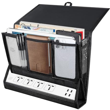 AKAYOK Bedside Caddy Hanging Bed Organizer Storage Bag Pocket with Power Strip Holder Multi-functional Organizer Caddy for Remotes Phone Glasses Magazines, Tablets, Accessories (7 pocket)
