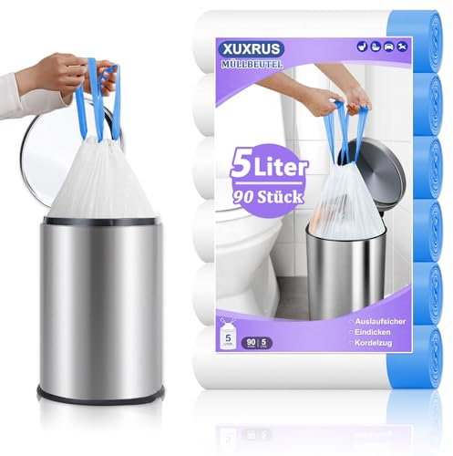 XUXRUS Small Bin Liners, 8 L, Tear-Resistant Bin Bags with Drawstring, White, Waste Bags, Bathroom Bin Bags, Pack of 90